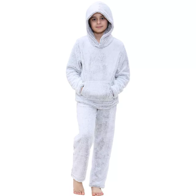 Kids Girls Boys Plain Pyjamas Extra Soft Grey Loungewear Flannel Fleece PJS Sets