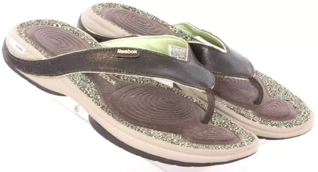 Reebok Easy-Tone Brown Leather Slip-On Thong Flip-Flop Sandal Shoes Women's 10