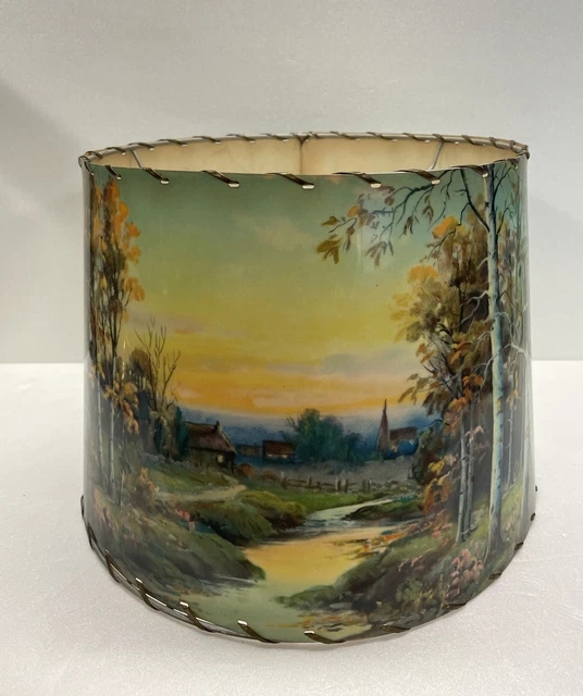 Vintage MCM mid centry modern Pastoral Scene Lamp Shade 10” bell/drum fiberglass