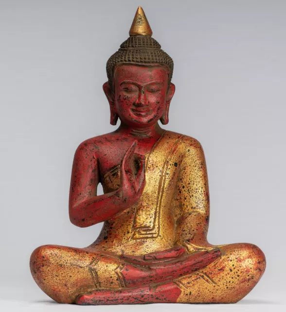 Buddha - Antique Khmer Style Seated Wood Buddha Statue Teaching Mudra - 32cm/13"