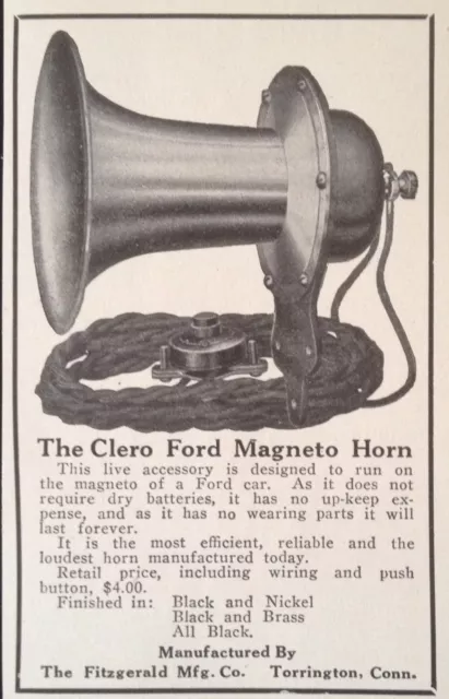 1914 Ad(K23)~Fitzgerald Mfg. Co. Torrington, Conn. Clero Ford Magneto Horn