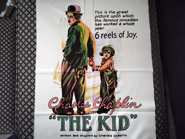 Vintage CHARLIE CHAPLIN Movie Fabric Poster from The Kid - 1980s Reproduction -