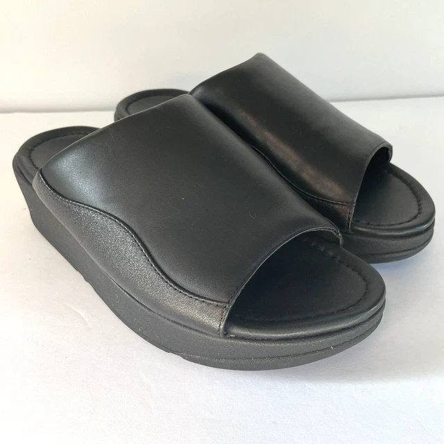 Fitflop MYLA Slides Platform Mule Size 6 Black Leather Wedge Sandal Slip On 2