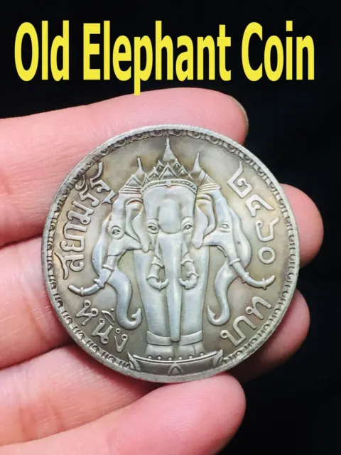 THAI AMULET  SIAM COIN CURRENCY 3xHEADS ELEPHANT SILVER  ANTIQUE  BURMA BUDDHA