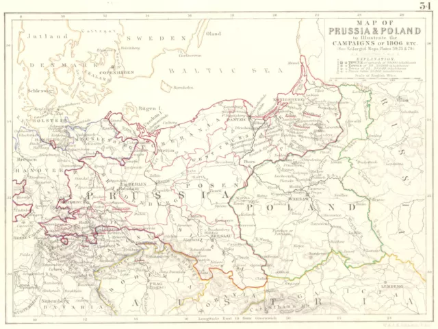 PRUSSIA & POLAND illustrating 1806 Campaign. Napoleonic Wars. Germany 1848 map