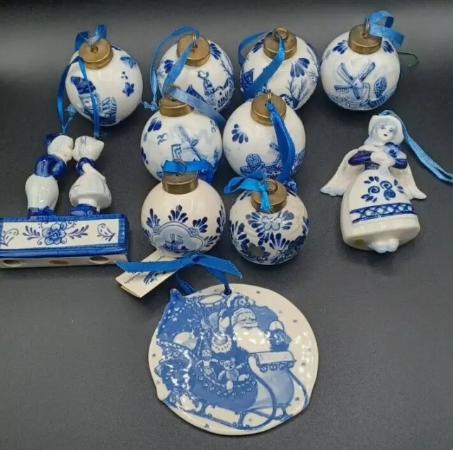 Large Lot of 11 Blue & White Delft Hand Painted Ceramic Christmas Ornaments