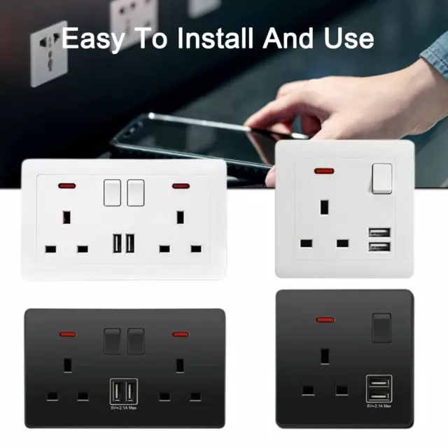 Single Double Wall Plug Socket 13A w/ 2 Charger USB Ports Outlets Flat Plate