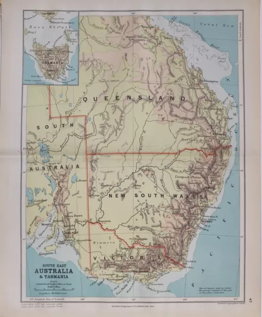 1889 Map South East Australia Tasmania Victoria Melbourne New South Wales Sydney