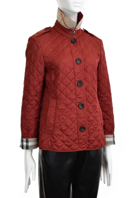 BURBERRY BRIT Women's Red Quilted Coat Jacket Nova Check Lining Size S