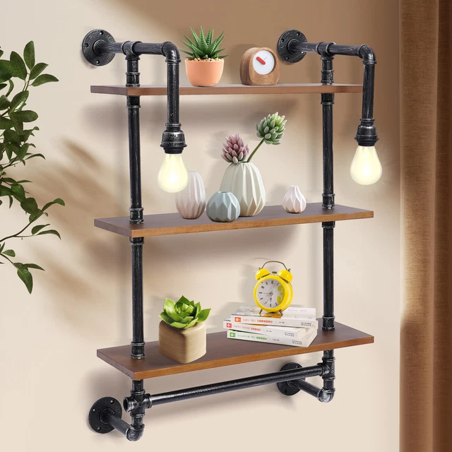 3 TIER RUSTIC Industrial Pipe Metal Wall Floating Shelf Wood Storage