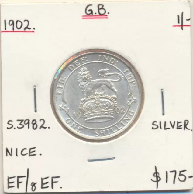 Great Britain: 1902 Edward VII Silver 1/- Shilling S-3982 Nice Grade