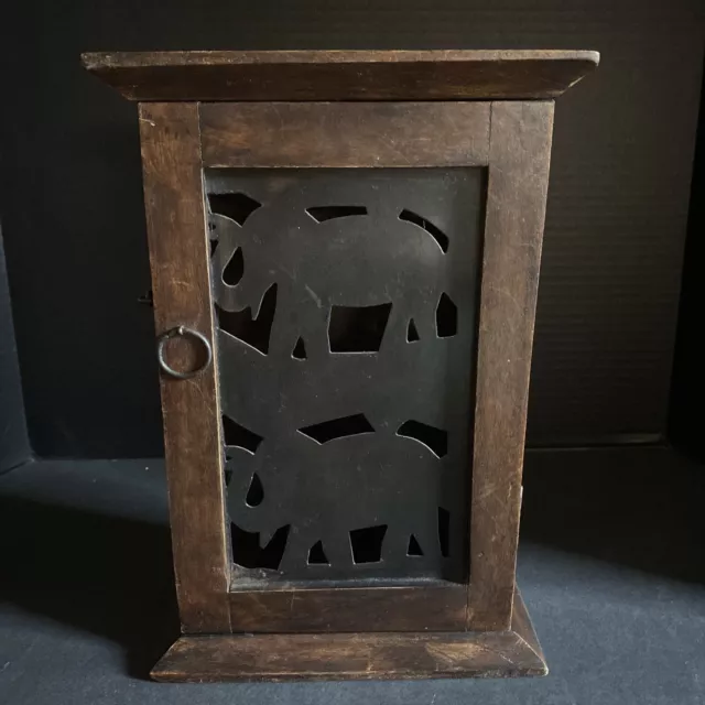 Wooden Wall Mount 8 Key Holder Cabinet Rack Storage Box Hooks African Elephants