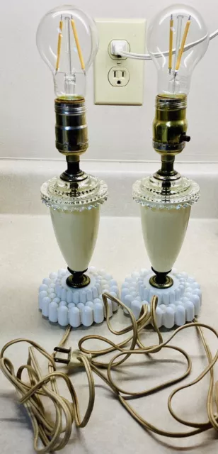 Vintage 10 1/2” Milkglass Night Stand Lamp Pair-Both Work!