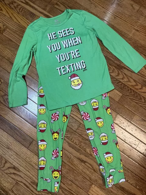 JUSTICE Girls Christmas Santa Text Emoji Pajama Set "He Sees You When.." 14-16