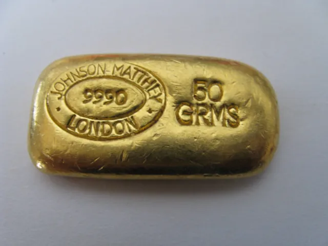 Very Rare Vintage 50 gram JM Johnson Matthey London .9990 Poured Gold Ingot Bar