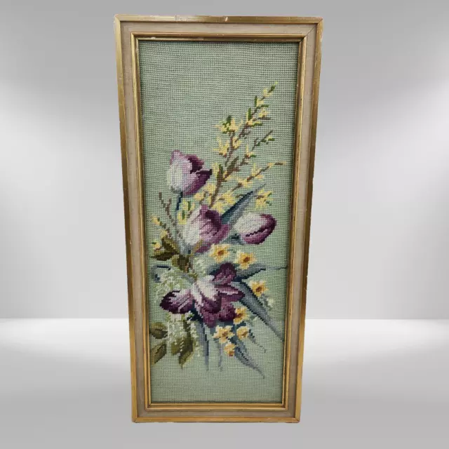 VTG 1970 Purple Yellow Floral Tapestry Needlepoint Wall Art Gold Tone Frame