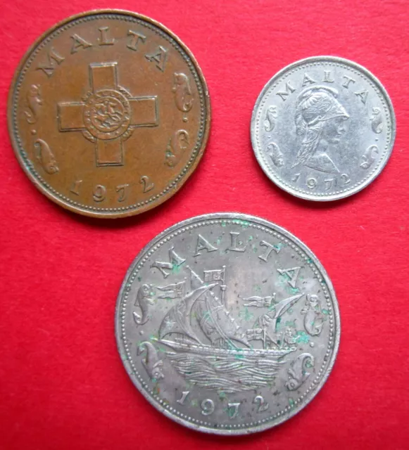 Malta Three Very Collectable Good Grade  1 - 2  & 10 Cent Coins  All Dated 1972