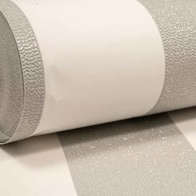 Papel pintado vinilo texturizado de lujo a rayas platino blanco plateado Arthouse Glitterati 3