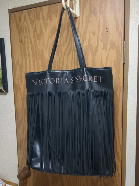 Victoria's Secret Limited Edition Black Faux Leather Flirty Fringe  Tote Bag
