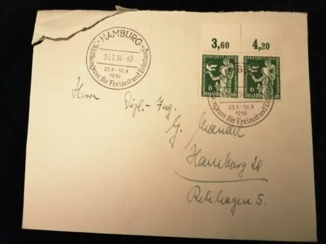 Deutsches Reich 23.07.1936 -Brief Weltkongress Freizeit und Erholung Hamburg,6Pf