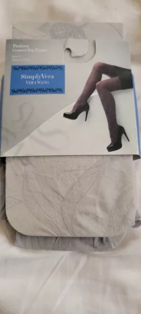 Simply Vera Wang fashion control top tights,floral ribbon,Gray,Sz 1 (100-150lbs)