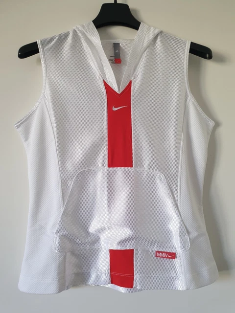 Top Donna Nike sphere-dry Taglia S bianco smanicato cappuccio tasche vintage Y2K