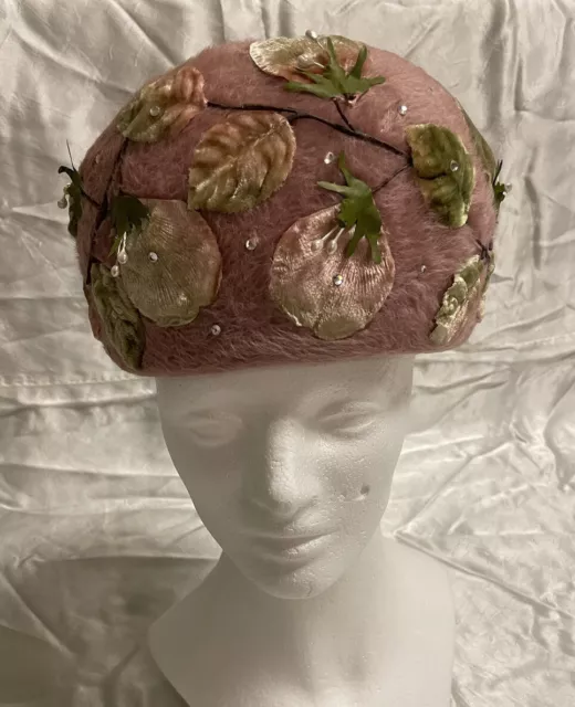 Vintage Ladies Hat Pink Floral Rhinestones Trix Wood Millinery Empress One Size