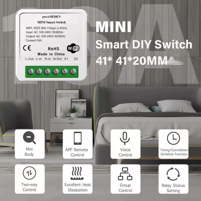 proAMEDEN Mini Interruptor inteligente wifi 16A, funcciona con Tuya/Smart Life 2