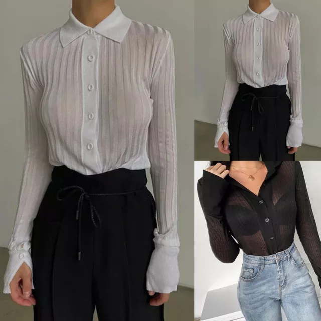 Womens Sexy Sheer Mesh V Neck Cardigan See-Through Long Sleeve T-Shirt Tops Tee