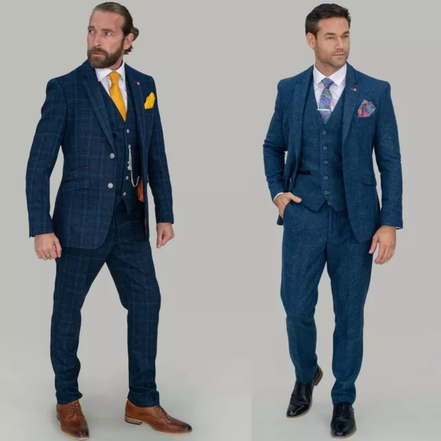 Mens Cavani Peaky Blinders Blue Check Tweed 3 Piece Suit Short Regular Long Size