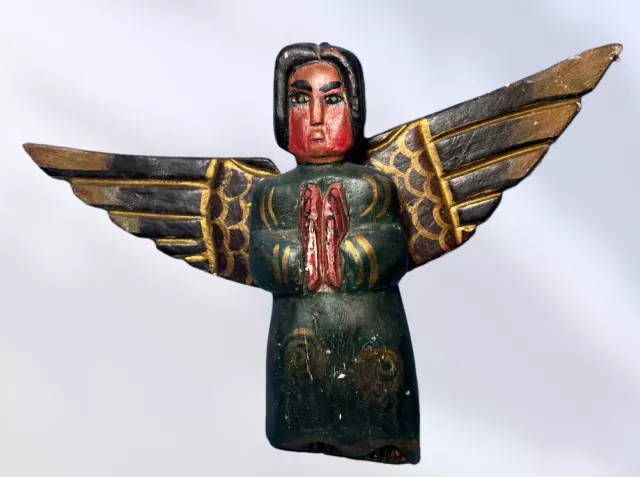 Vintage Mexican Folk Art Carved Wood Painted Winged Full Wall Angel 15"