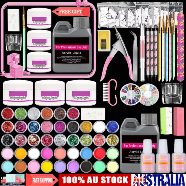 Full Nail Acrylic Art Starter Kit Powder Liquid Glitter Manicure Free Gift Set