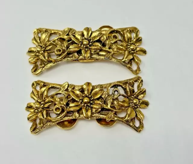 Beautiful Vintage Goldtone Floral Flowers Signed MUSI Shoe Clips