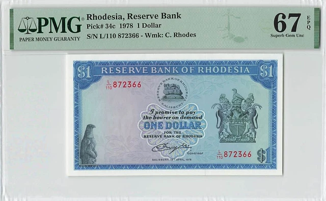 Rhodesia 1 Dollar 1978 P-34c PMG 67 EPQ