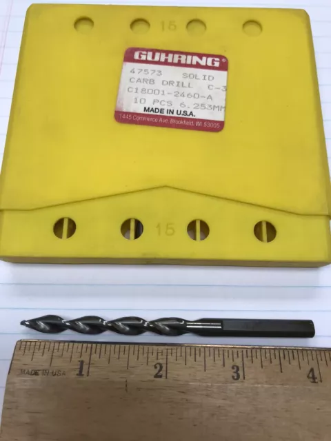 1 Pc. “D” (.2460) X 2”loc x 4”oal Solid Carbide Parabolic Flute Drill (loc S15)