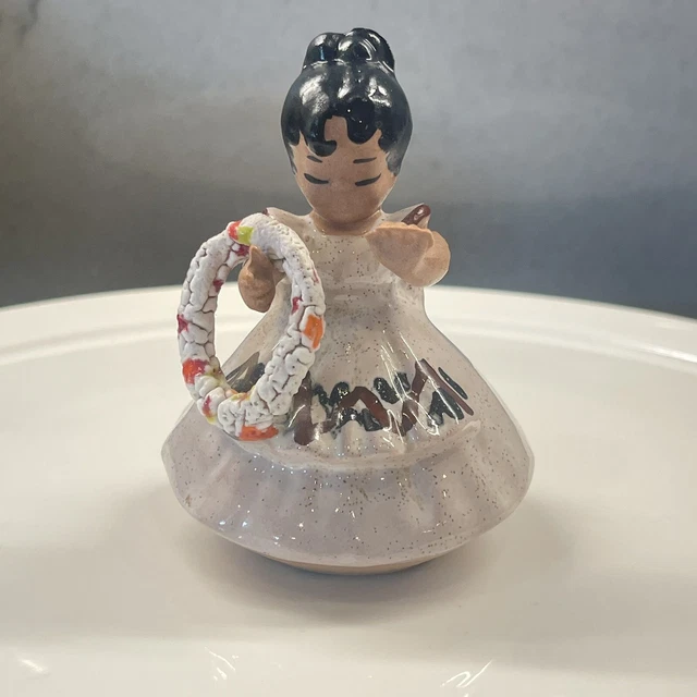 Vintage B Of Hawaii Redware Folk Art Pottery Hand Painted Figurine Girl w Lei