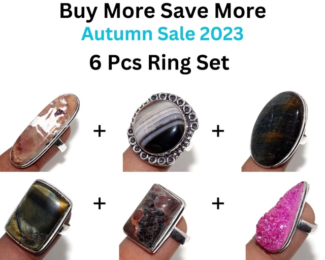 Butterfly Jasper Tiger Eye,Peanut Obsidian 6pcs Ring Combo Set 7 JW