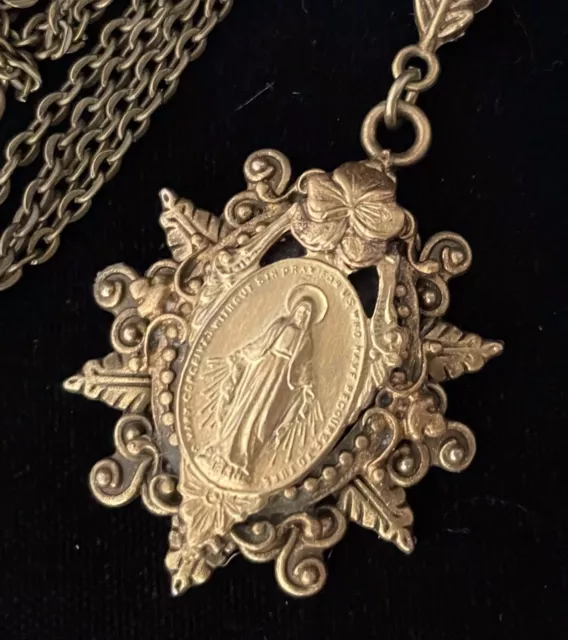 Miraculous Medal Necklace Large Art Nouveau Religious Medal Pendant