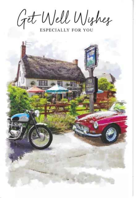 Get Well Wishes Greeting Card 7"X5" Car, Motorbike Outside Pub