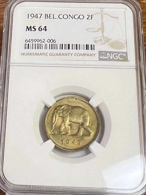 1947 Belgian Congo 2 Francs Elephant, NGC MS-64