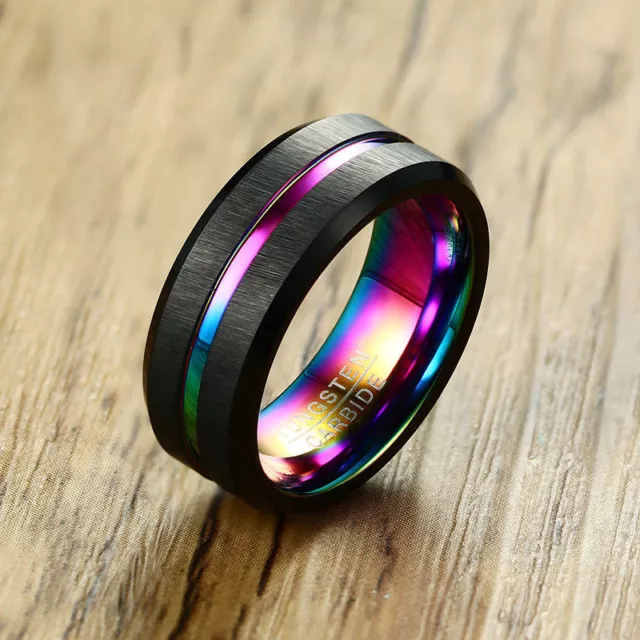 Luxury Mens Tungsten Carbide Ring Rainbow Line Wedding Band Fashion Punk Jewelry