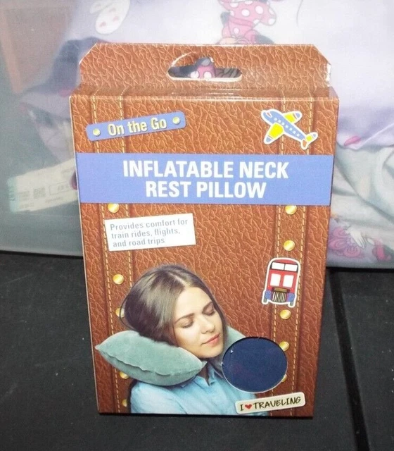 1 NIP On the Go Inflatable Neck Rest Pillow Blue Navy Blue Colored Train Rides
