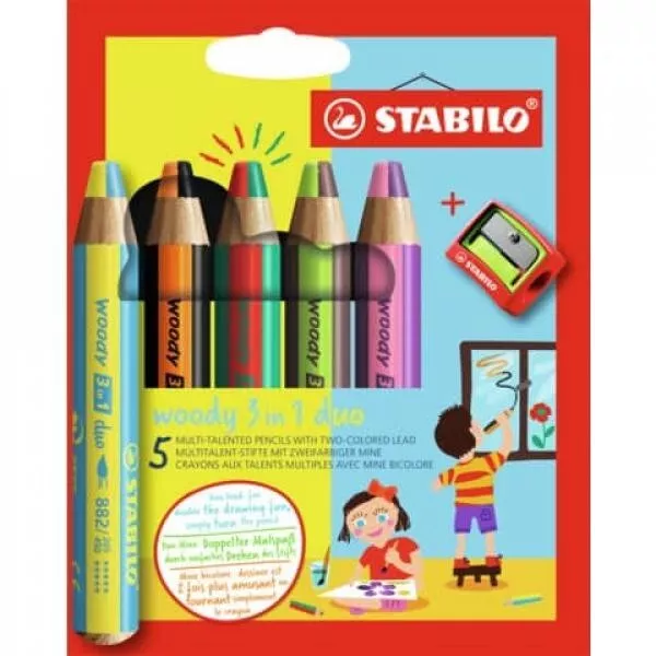 Stabilo Holzfarbstifte Woody 3 in 1 Duo, 5er Kartonetui mit Spitzer,Neu