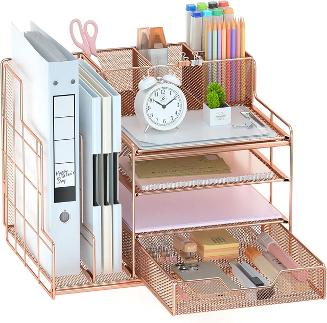 Rose Gold Desk Organizer, Desk Organizers and Office Desk Accessories with Drawe