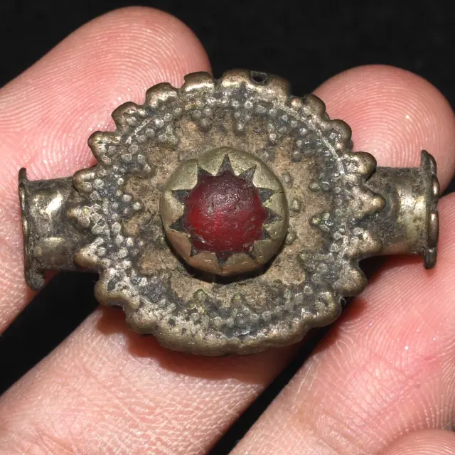 Ancient Near Eastern Islamic Silver Bead with Garnet Stone Inlay C. 12th Century