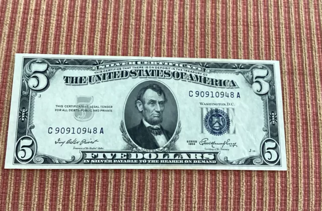 1953 Five Dollar $5 Silver Certificate Note  Crisp Blue Seal