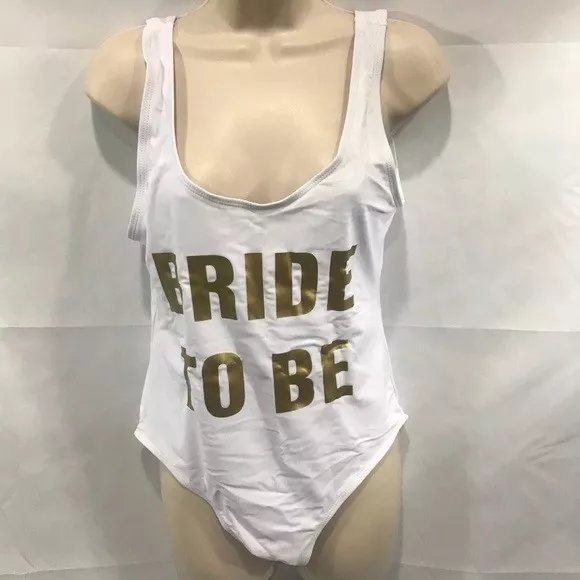 One Piece Bathing Suit BRIDE TO BE Swimwear Large 8-10 Body Suit WHITE AND GOLD