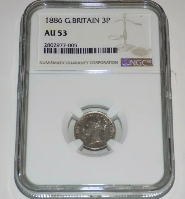 GREAT BRITAIN 1886 3P 3 Pence NGC AU53 AU 53 England Three Pence Certified Coin