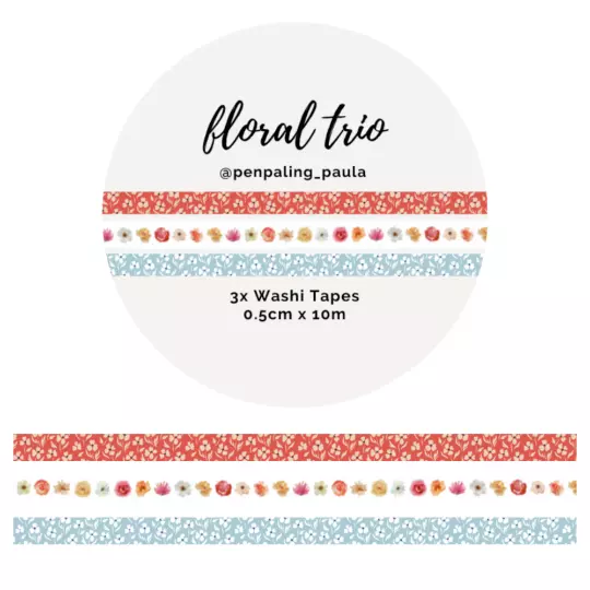 Floral Trio Washi Tape by Penpaling Paula x 3 Rolls - 0.5cm wide by 10m long