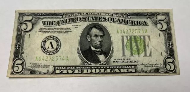 1934 A, Boston, Five $5 Dollar US Green Seal Federal Reserve Note